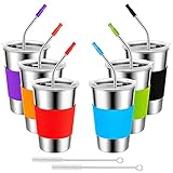 Osportfun Edelstahlbecher Kinderbecher, 6 Pack 500ml 304 Edelstahl trinkbecher mit Plastikdeckel und Strohhalmen, BPA-frei Stapelbare Metall Trinkgläser für Kinder, Erwachsene, Camping, Party, Reisen