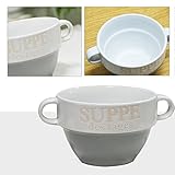 6er Set Suppentasse Suppen Tasse Suppenschüssel Schüssel Suppenterrine Landhaus Suppentassen 8 cm Ø 13 cm Suppenschalen für 6 Personen aus Porzellan, Schalen Füllmenge: 550 ml, mit Henkeln Grau