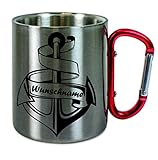 Creativ Deluxe Edelstahltasse mit Carabiner - Anker mit (Wunschname) - Blechtasse, Campingtasse, Tasse personalisiert mit Name oder Spruch, Kaffeetasse, Bürotasse, Personalisierte Geschenke