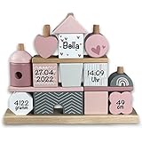 BellasTraum Steckspiel Haus rosa bedruckt I Personalisierbares Geschenk zur Geburt Mädchen I Handmade Holzspielzeug I Personalisierte Geschenke Baby I Label-Label I Stapelturm mit Name & Geburtsdaten