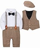 SANMIO Baby Jungen Bekleidung Set, Taufe Junge 3tlg with Fliege + Weste + Hut Gentleman Langarm Anzug Outfit für Festlich Geburtstag Hochzeit, 6-9 Monate(Körpergröße 70), Braun