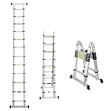 Lospitch 3.8M(1.9+1.9) M Aluminium Teleskopleiter klappbar Ausziehleiter mit Stabilisator Hochwertigem Klappleiter und Faltbaren Aluminiumleiter 150kg Belastbarkeit