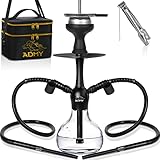 ADMY Mini Shisha Set, 44cm Klein Hookah mit 2 Schläuchen | Wasserpfeife Reise Shisha Set Aluminium | Shisha Komplettset mit Tasche Silikonkopf Edelstahl Kaminaufsatz Schlauch Mundstück Zange Schwarz