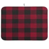 Spülbeckenmatte 41X46Cm Buffalo Plaid Schwarz Rot Trockenunterlage Mit Aufhängeschlaufe Geschirr-Abtropfmatte Maschinenwäsche Geschirr-Abtropfgestell-Pads Für Küchenzubehör, Geschirr, Besteck