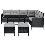 Juskys Polyrattan Lounge Manacor schwarz — Gartenlounge mit Sofa, Tisch, 2 Hocker & Kissen — Gartenmöbel Set bis 7 Personen — Sitzbezüge in Grau