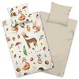 Aminata Kids Biber Bettwäsche 135 x 200 Kinder Waldtiere-Motiv Mädchen und Jungen Baumwolle, Reißverschluss, Kinder-Wende-Bettwäsche-Set warm, weich & kuschelig, beige, Flanellbettwäsche