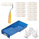 SUNYOK 10 Stück Farbroller Set Malerrollen Farbwalze Lackierrolle mit Walzenbürstenhalter Farbwanne Nylonhandschuhe Lackierwalze für Wandfarben Anstricharbeiten Dekoration