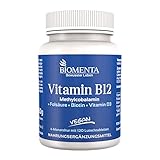 BIOMENTA Vitamin B12 hochdosiert – mit 500µg Methylcobalamin + Vitamin D3 + Biotin + Folsäure – vegan - 4 Monatskur - 120 Vitamin-B12-Lutschtabletten