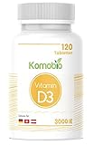 Vitamin D3 3.000 I.E. Hochdosiert - 120 Tabletten Komobio Sonnenvitamin - Unterstützt Knochen, Zähne, Muskeln und Immunsystem - Vegetarisch Vitamin D3 - Nur Premium Zutaten- Eine Tablette alle 3 Tage