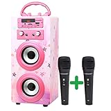 DYNASONIC (3. Generation | Tragbarer Karaoke-Bluetooth-Lautsprecher mit Mikrofonen | USB-Anschluss und SD-Kartensteckplatz, UKW-Radio Modell 025, (rosa Hochglanz)