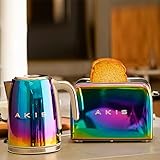 AKIS La Fête Design Toaster und Wasserkocher Set aus Edelstahl in Regenbogen bunter Farbe Modern, Toaster 6 Bräunungsstufen 850W, Wasserkocher mit Kalkfilter 1,7L. 2400W