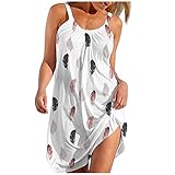 Sommerkleid Damen Knielang,Frauen Mode Feder Drucken Strapse Tank Kleid ärmellos Kleid mit Schulterfreien Schultern Kleider Strandkleider Partykleid Casual Kurze Partykleider Hawaii Kleid, Weiß, M