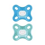 MAM Comfort Schnuller im 2er-Set, besonders kleiner und leichter Baby Schnuller für Früh- & Neugeborene aus 100% Silikon, mit weichem MAM SkinSoft Saugteil & Schnullerbox, 0+ Monate, blau/türkis