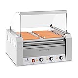 Royal Catering - Hot Dog Grill Hot Dog Maschine (11 Rollen, Edelstahl, 2.600 W, 2 Heizzonen, herausnehmbare Fettauffangschublade, Wärmeschublade, 20 Würstchen, mit Hartglasabdeckung)