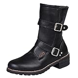 Generic Mittlere Booties Strap Heels Color Round Solid Damenschuhe Toe Retro Buckle Damenstiefel Outdoor Mädchen (Black, 41)