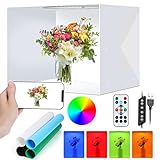 Temery Fotostudio 40x30x30cm RGB Lichtzelt Tragbare Mini Fotobox Faltbare Dimmbare Schießzelt mit Fernbedienung Weiß/Warm Licht 12 RGB Farben 4 Hintergründe für Fotografie