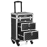 SONGMICS Kosmetikkoffer Trolley, professioneller Schminkkoffer, Friseurkoffer mit 4 abnehmbaren Universalrollen, Make-up Koffer, Oben 3 ausziehbare Fächer, Schubladen, für Reise, schwarz JHZ08BK