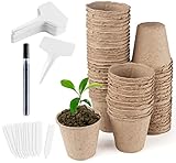 Homewit 80 x Anzuchttöpfe Aussaattöpfe Torftöpfe, Ø8cm Biologisch abbaubar - Beige, Mit 100 Stück Pflanzenetiketten aus Weiß Kunststoff für Pflanzen, Pflanztöpfe, Zellulose