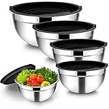 Homikit Rührschüssel, 5 Stück Schwarz Edelstahl Schüssel Salatschüssel Set mit Deckel für Küche, Stapelbar, Vielseitigkeit, Spülmaschinenfest, 4.5 L / 2.7 L / 1.5 L / 1.2 L / 0.7 L