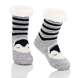 Durio Kindersocken für Mädchen und Jungen Wintersocken Weich Flauschig Warm Dick Kuschelsocken Thermosocken Haussocken Bodensocken für Kinder Schwarz-Grau Pinguin 8-12 Jahre