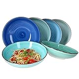 MamboCat Blue Baita Spaghetti-Teller Set 6-teilig I Pasta-Teller tief Ø 23,5 cm I Salat-Schale 800 ml I Steingut-Set in 6 verschiedenen Blau-Tönen I Suppen-Schalen spülmaschinengeeignet