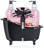 BRUBAKER Cosmetics Bade-Geschenkset Erdbeer Kokosnuss mit Deko Badewanne Schwarz 9-teilig