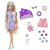 Barbie HCM88 - Totally Hair Puppe (blond/bunte Haare) im Sternen-Print Kleid mit 15 Zubehör-Teilen für tolle Looks, Spielzeug für Kinder ab 3 Jahren