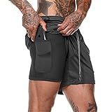 Herren Laufhose Kurz, 2-in-1 Aktiv Laufshorts Atmungsaktiv Innerer Kompressionsshorts mit Tasche Kordelzug Herren Deluxe Kurz Sporthose Trainingsshort,Schwarz,XL