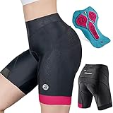 Rahhint Radlerhose Damen mit Sitzpolster, 4D Gepolstert Fahrradhose kurz Atmungsaktive schnelltrocknende stoßfeste Fahrrad Hosen Radhose mit rutschfeste Beingriffen Reflektierenden (L, Schwarz+Rose)