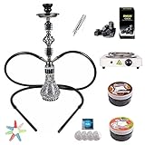 RMAN® Shisha Set 55cm Hookah Wasserpfeife Schwarz inkl. 2 Dampfsteine Tabak |1000W Shisha Kohleanzünder|1KG Shisha Kohle|Mundstücke|Folie