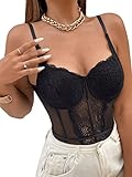 SheIn Damen Spitze Bodysuit Transparenter Netz Spaghettiträger Body V-Ausschnitt Bodys Spitzetop Schwarz M