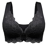 Damen Blossom Spitze Vorderverschluss Ringerrücken Ohne Bügel Sport BH Fitnesstraining Polsterung Bra Gepolstert Push up Sport BH Büstenhalter Atmungsaktive Camisole Bandeau-BH Black 85C