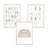 MeinBaby123® Bilder Kinderzimmer | 3er Set A4 Poster | Alphabet ABC Lernposter Zahlen Regenbogen | Deko Kinderzimmer Mädchen | Babyzimmer | Wandposter Premium (ABC, Regenbogen, Zahlen - rosa)