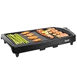 Gotoll Tischgrill Elektrisch, Elektrogrill mit 2 Garbereichen, Tisch-Barbeque Grill mit Temperaturregler, Antihaftbeschichtung, Fettauffangschale, 1800W, elektrischer Grill für Balkon Indoor