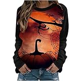 Halloween Tops Pullover Langarm T Shirts Damen Halloween Katzendruck Langarm Rundhals Casual Pullover Tops UK Damen Leichte Blusen Tuniken Tops Pullover, 02 Schwarz, XXL