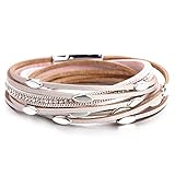 NA Rosa Farbe Lederarmbänder for Frauen Mode Blatt Charme Kristall Boho Multi Layer Wickelarmband Femme Schmuck Modische Accessoires für das Handgelenk (Color : Pink)