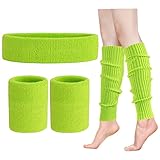 ONUPGO Beinlinge Set Damen 80er Neon Strick Beinlinge Stirnband Armbänder 1980er Jahre Workout Kostüme Zubehör für Frauen (Neon Green)