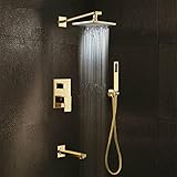 Massives Messing, Gold-Finish, Badezimmer, 3-Wege-Regendusche, Wasserhahn, 20,3 cm, Regendusche, Wannenauslauf, Mischbatterie