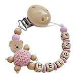 Schnullerkette mit Namen Rosa Teddy Bär Mädchen Natur Holz Blau/Rosa