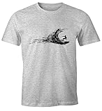 Neverless Herren T-Shirt Surfer Surfing surfen Surfboard Wave Welle Wellenreiten Urlaub Meer Ozean Surfer Boy Silhouette Slim Fit grau-meliert M