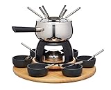 Artesà Luxuriöses Fondue-Set, Fleisch-/Käse-/Schokoladen-Fondue-Set mit Drehplatte in Geschenkbox, mit Sechs Edelstahlgabeln, 22-teiliges Dinner-Party-Set, Silber Edelstahl, Holz, Keramik