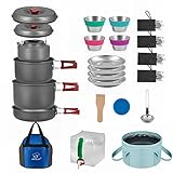 Bulin Camping Kochgeschirr Set,Campinggeschirr für Gaskocher Aluminium,Topfset Faltbar,Kochtopf Outdoor Geschirr Pfanne Picknickgeschirr für Camping Hiking Trekking Wandern (37-Teilig(3-4 Personen))