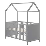 roba Hausbett 70 x 140 cm FSC zertifiziert, Kombi-Kinderbett in Hausoptik, taube, 3-fach verstellbar, Schlupfstäbe, umbaubar zum Juniorbett