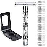 URAQT Rasierhobel Herren, Edelstahl Nassrasierer Sicherheitsrasierer, Doppelkante Rasierer Klingen Safety Razor Set mit Reise Etui und 10 Rasierklingen