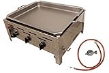 Profi Gasgrill 3-flammig | Gastrogrill | Gasbräter | Gastrobräter | Grillpfanne hoher Rand | Piezo-Zünder | 3 Gasbrenner Gasregler stufenlos regelbar | Edelstahl | inkl. Gasschlauch & Druckminderer