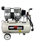 Kraftwelle Flüster - Kompressor Ölfrei 750 Watt 8 Bar Silent 24 L Kessel 135 L/min Luftvolumen KFZ Druckluft wartungsarm ca. 68 Dezibel Leise Luft Profigerät