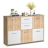 COSTWAY Kommode Landhausstil, Sideboard mit 2 Schubladen und 5 Fächern, Beistellschrank Natur und weiß, Schubladenkommode für Wohnzimmer, Eingangsbereich, Schlafzimmer