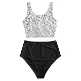 ZAFUL Zweiteiliger verknotet Tankini Beachwear Set, einfarbiger gepolsterter Badeanzug mit Schulterträger & Badehose mit Tropisches Blattmuster für Damen (Wellenpunkt, M)