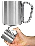 Outdoor Saxx® - Camping-Tasse, Outdoor-Becher, Metall-Becher, 200 ml mit geschraubtem Karabiner-Griff, Edelstahl, Wandern, Trekking, Arbeit, Silber