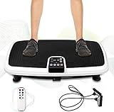 Vibrationsplatte, Fitness-Vibrationsplatte für Fettabbau und Heimfitnesstraining, Vibrationsplatte mit 5 Programmen, Widerstandsbändern Fernbedienung, Belastbarkeit 120 kg, weiß/schwarz, M